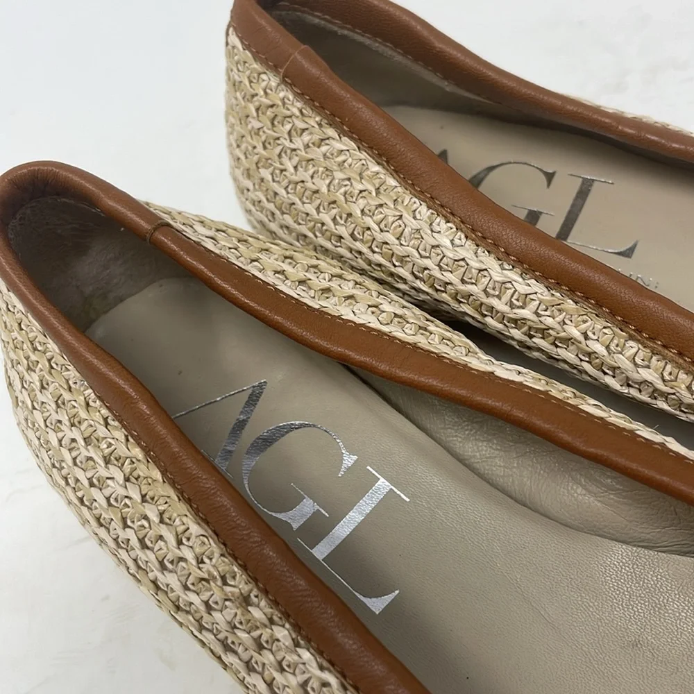 AGL Attilio Giusti Leombruni Red Patent Tan Straw Woven Ballet Flats Size 37